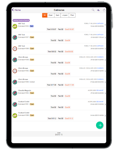 this picture shows all Estimates created with this auto repair software