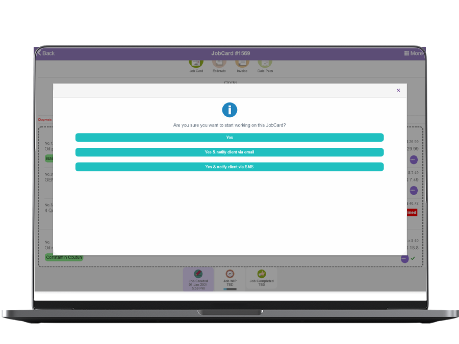 client notification for vehicle job cards