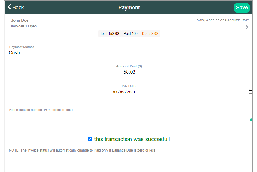 screenshot displaying the payment creating form