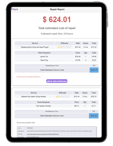 estimated repair costs with parts and services