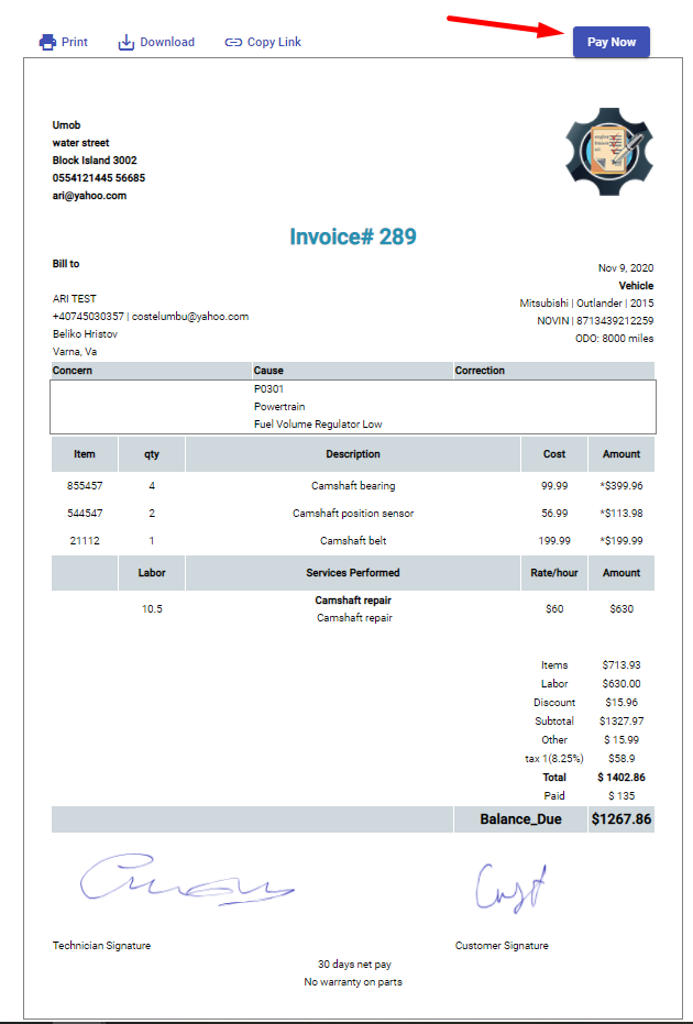 auto repair invoice with PayNow button
