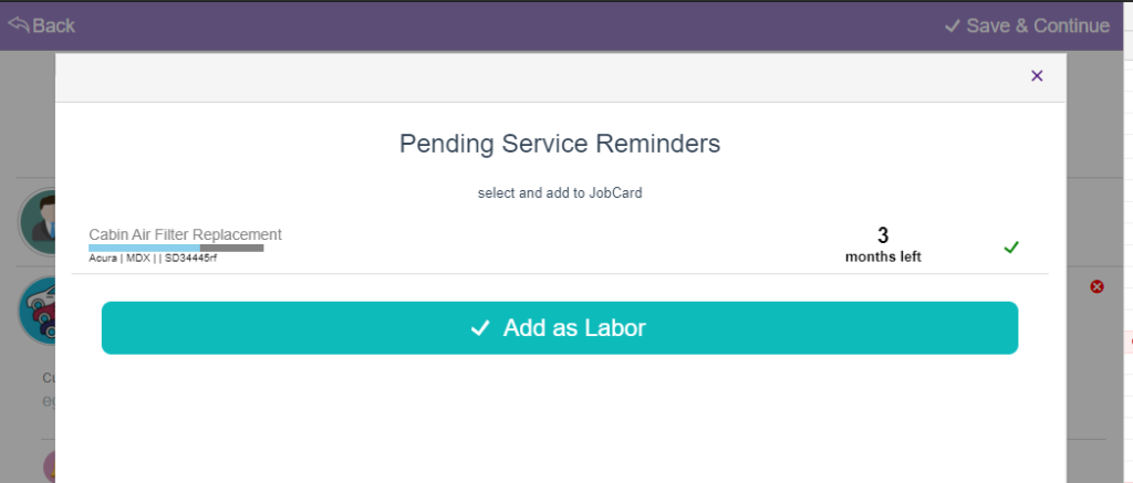 pending service reminders in jobcards