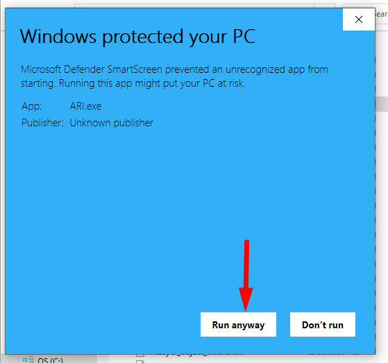 run anyway button to start ari app on windows