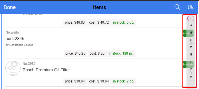 alphabetical filter bar for parts