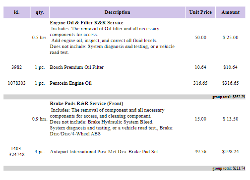 grouped items on auto repair invoice