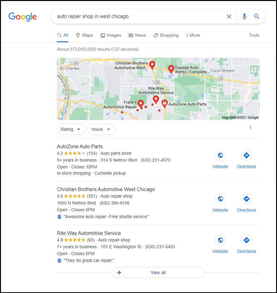 google listing results for auto repair shops