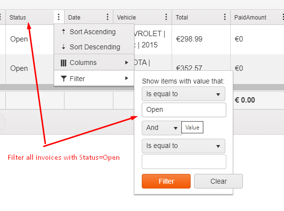 filter all invoices with status open