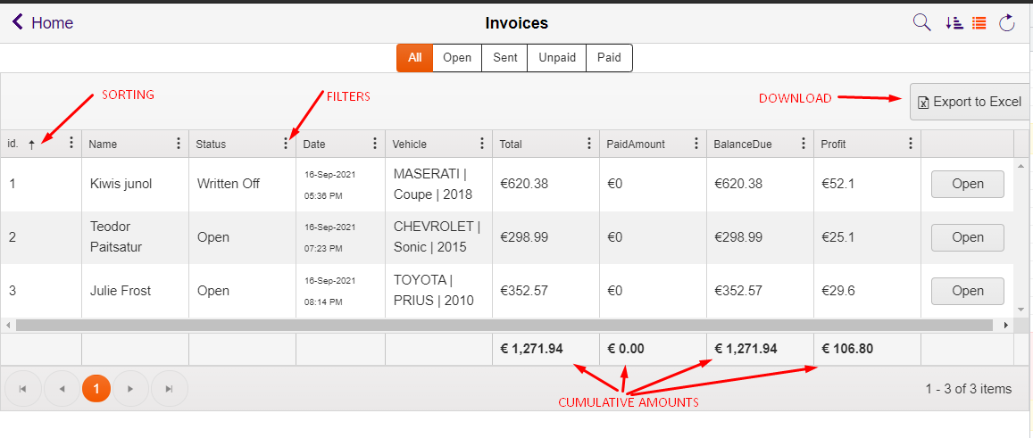 auto repair invoice gridview