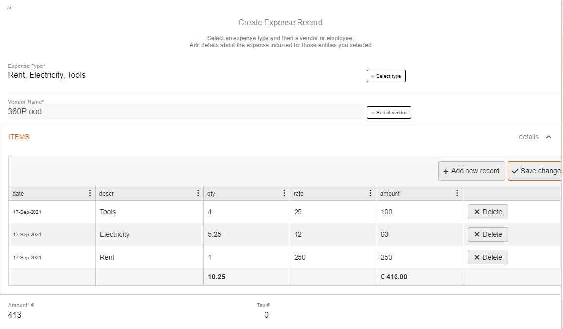 items table in Expense