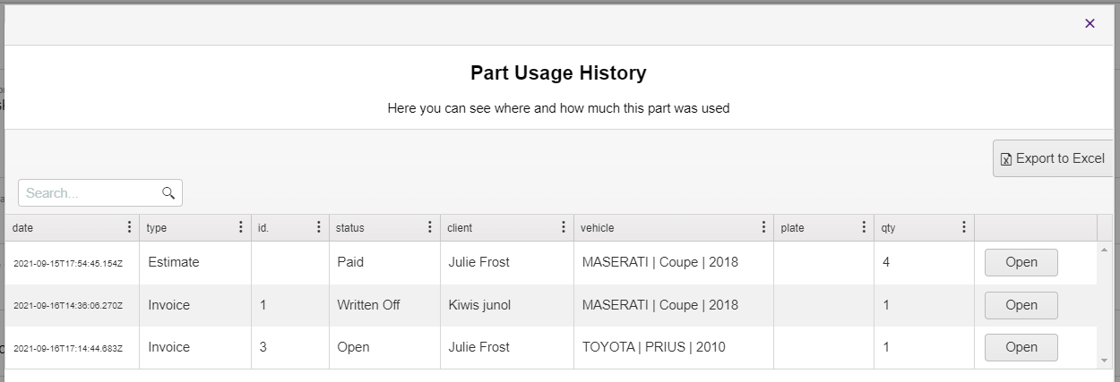 parts usage table