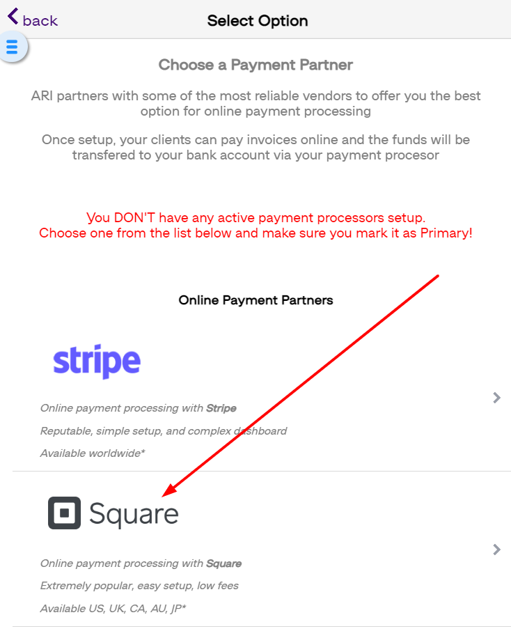 choosing square as a payment option screenshot