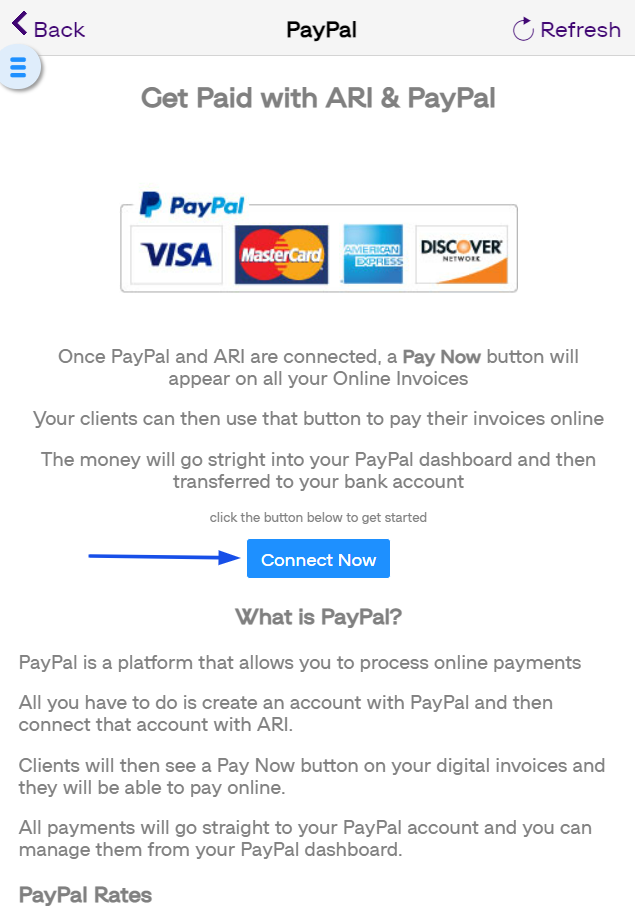 connecting ARI to PayPal screenshot
