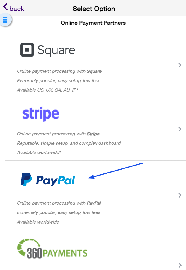 paypal partner select screenshot