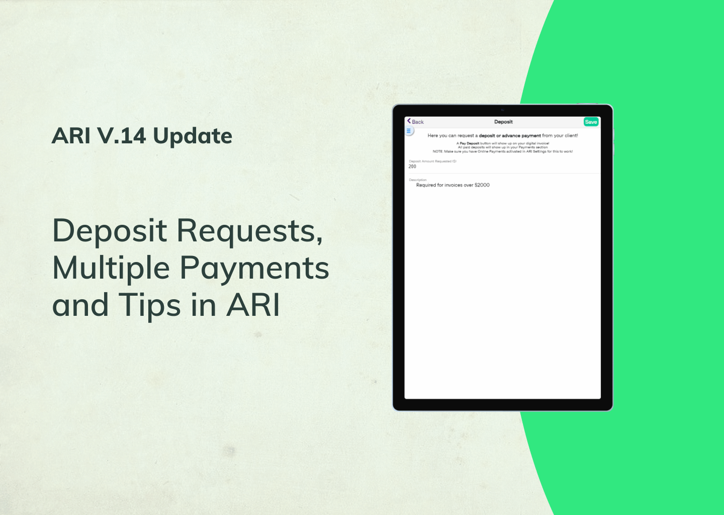 Deposit Requests, Bulk Payments and Tips in ARI v.14