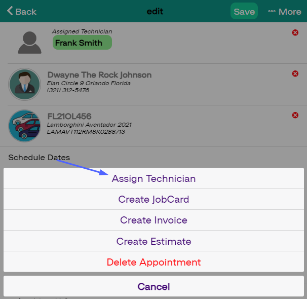 Assign a technican to an appointment in ARI