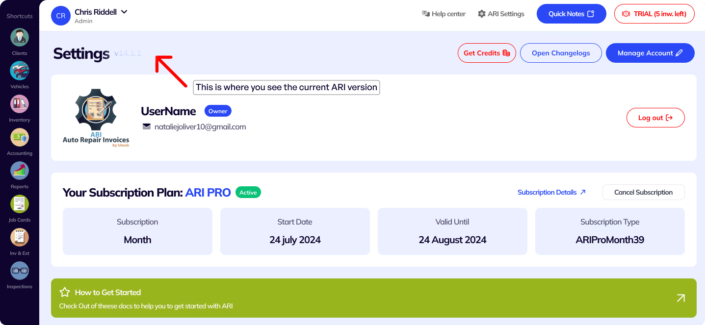 Check the current version of ARI (Auto Repair Software)