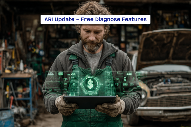 ARI update free diagnose features illustration - mechanic looking at a tablet in his garage