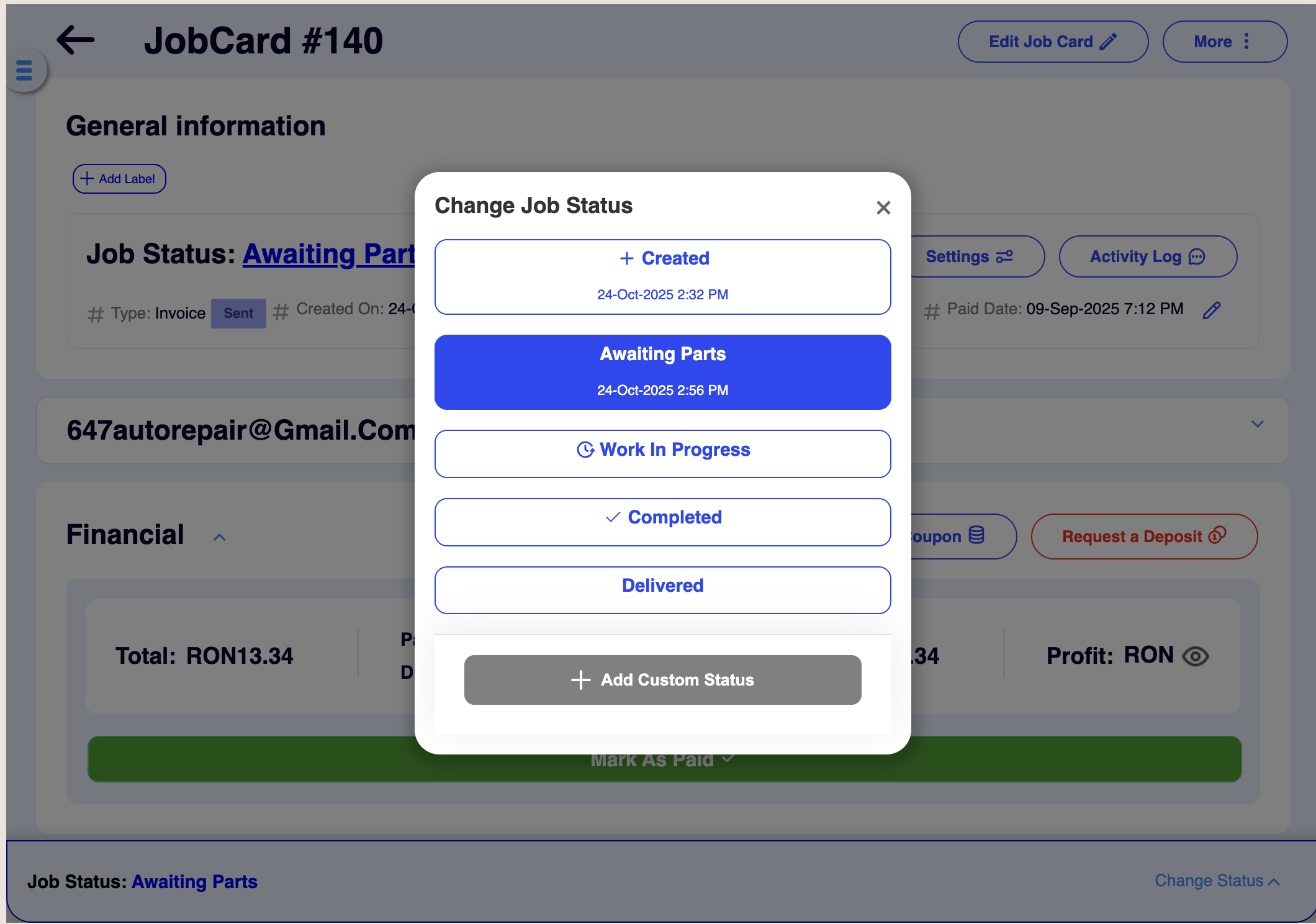 Choosing a job card status in ARI (Auto Repair Software)