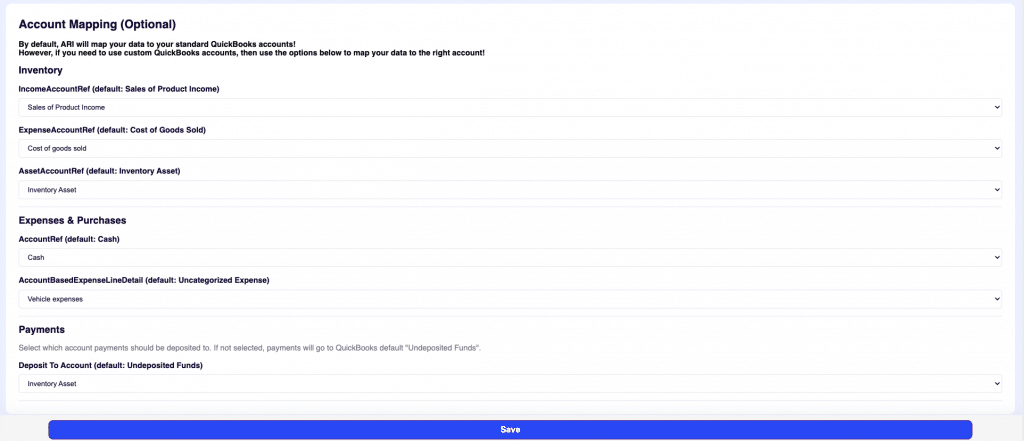 account mapping in ARI's QuickBooks integration