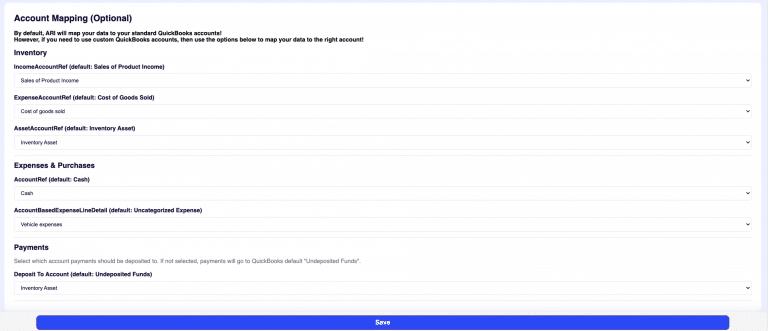 account mapping in ARI's QuickBooks integration