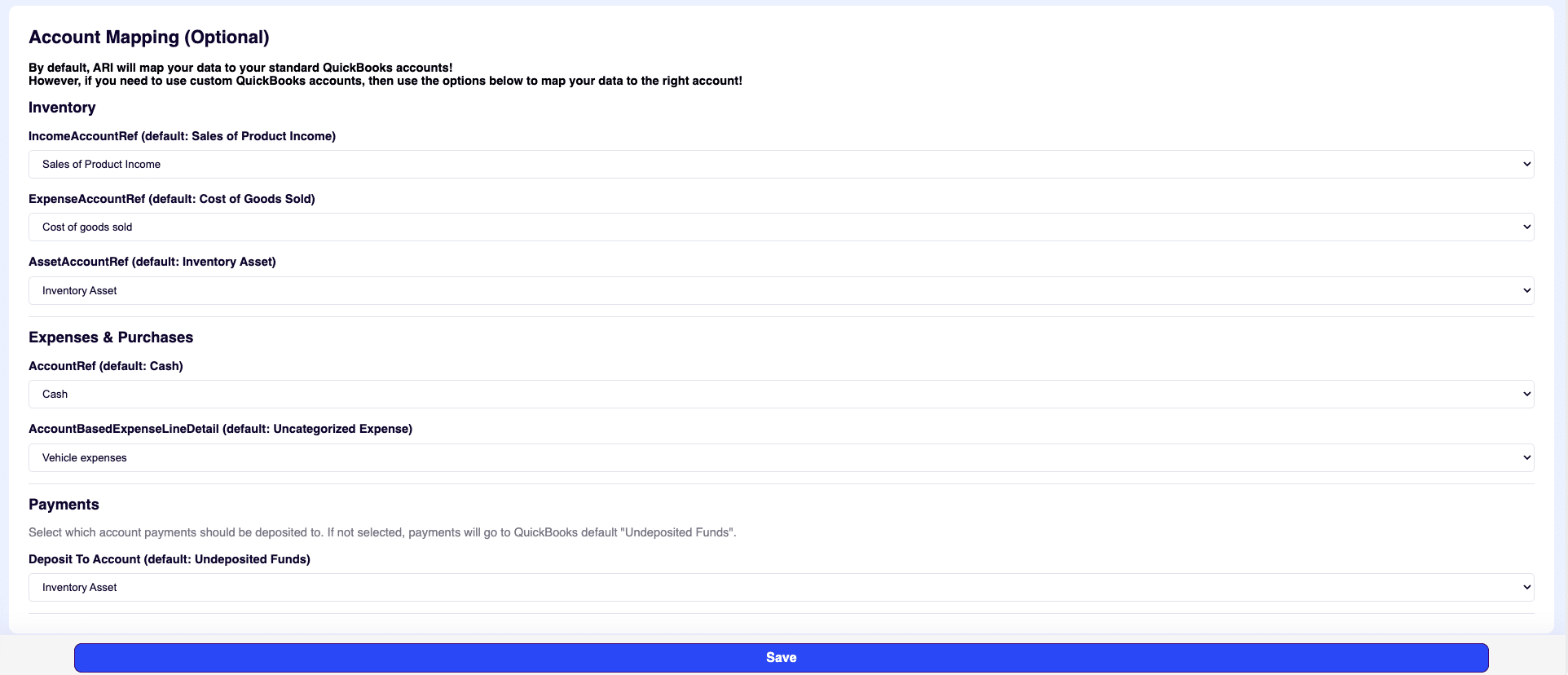 account mapping in ARI's QuickBooks integration