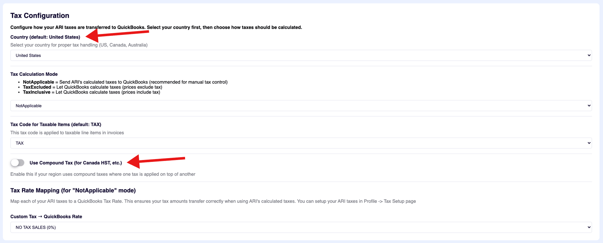 ARI's integration in QuickBooks tax configuration settings