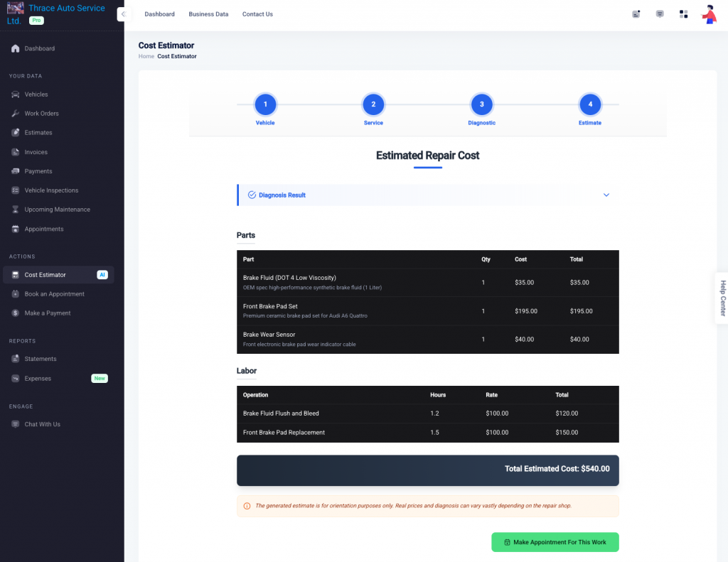Repair cost estimation from in ARI's client portal