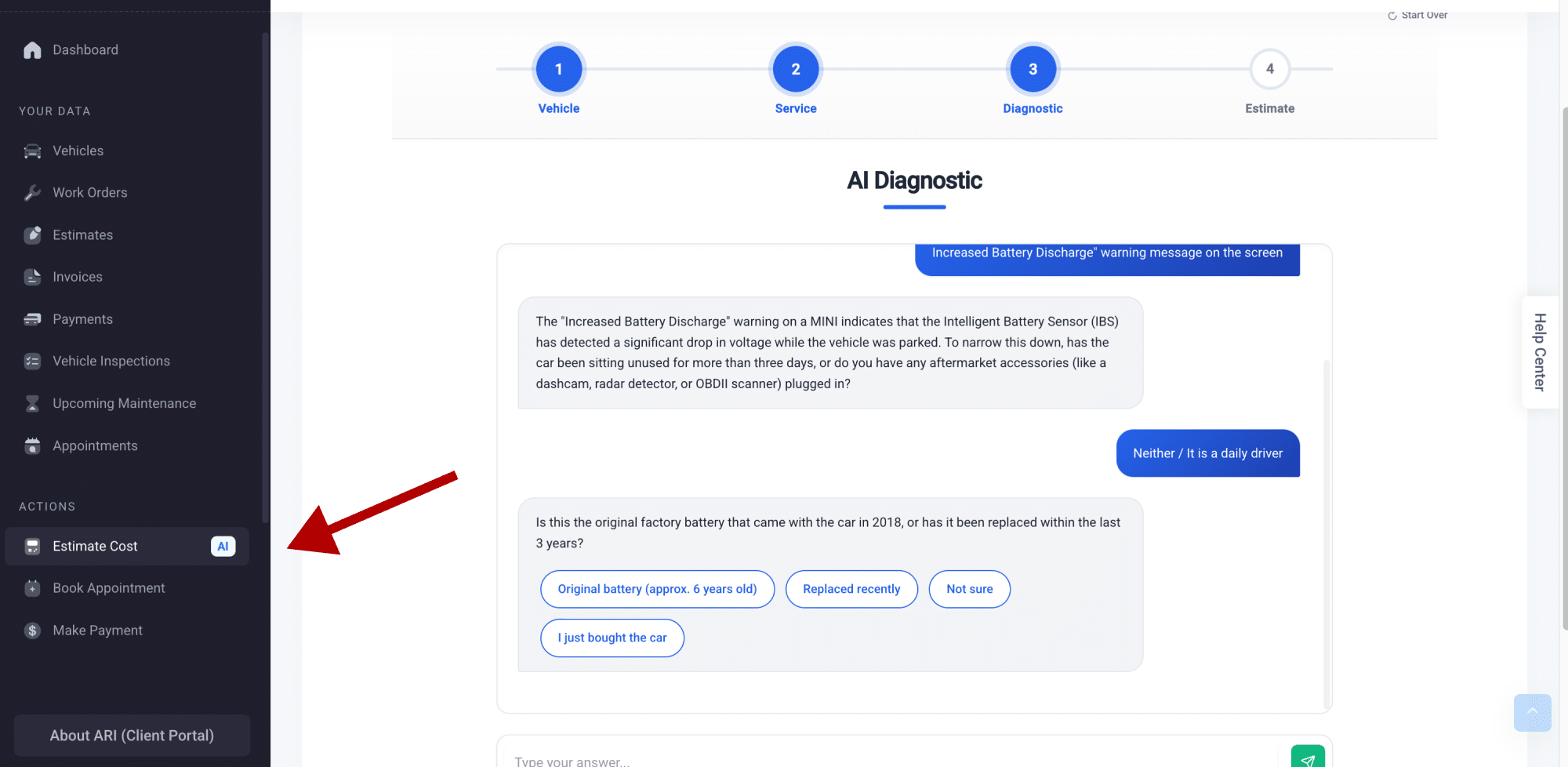 AI diagnostic tool in the client portal