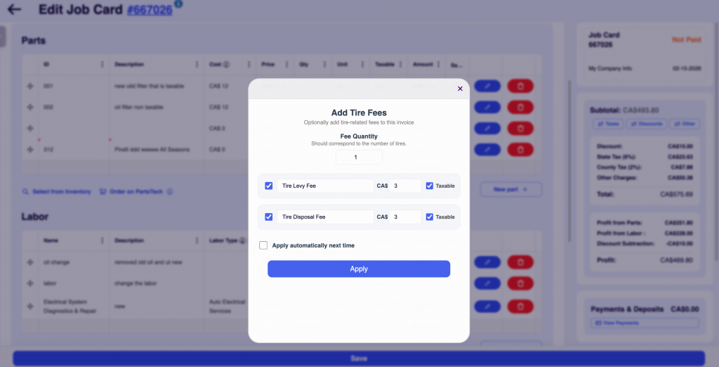 Auto adding tire fees in ARI (Auto Repair Software)