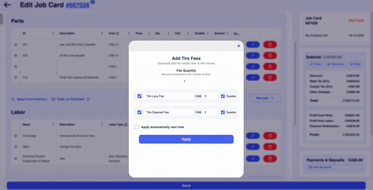 Auto adding tire fees in ARI (Auto Repair Software)