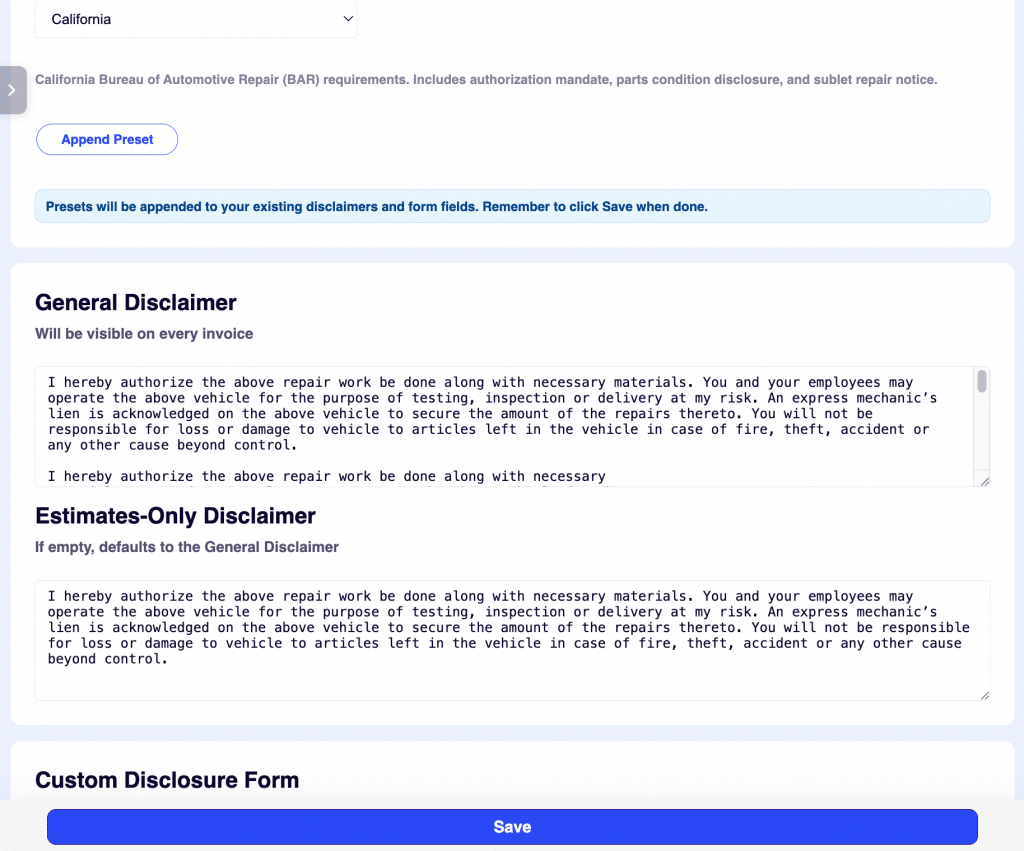 Custom disclosure form in ARI