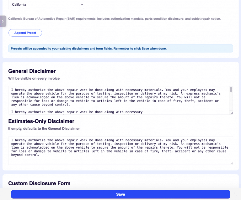 Custom disclosure form in ARI