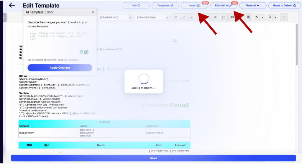 Edit Invoice Template with AI
