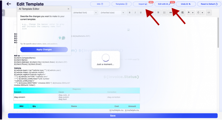 Edit Invoice Template with AI