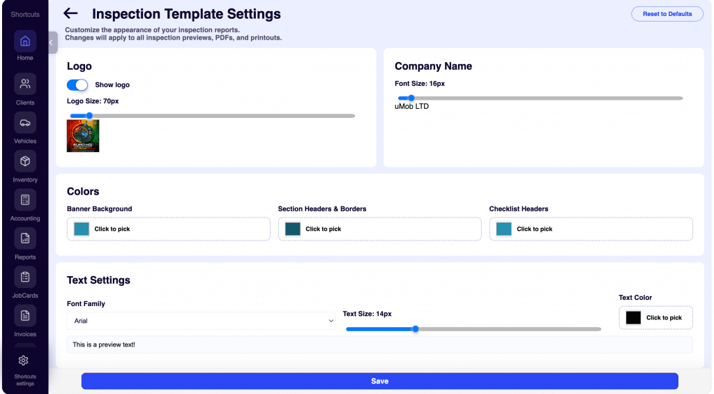 Inspection template settings in ARI