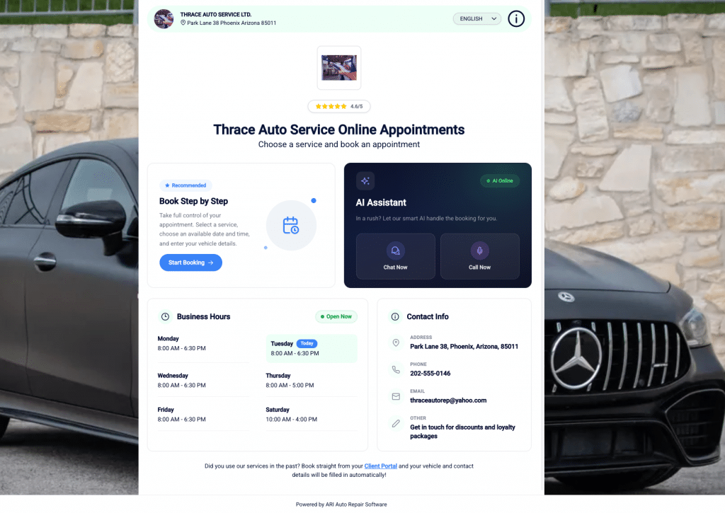 ARI Online Booking Landing Page new