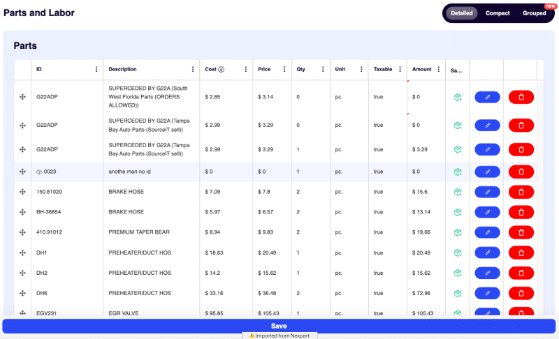 Invoice with Nexpart parts imported as line items