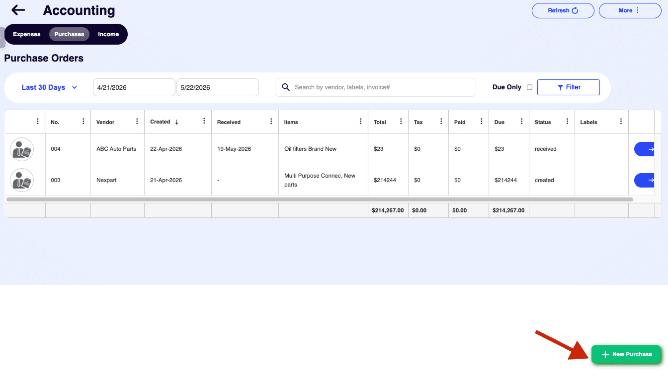 New purchase order in ARI