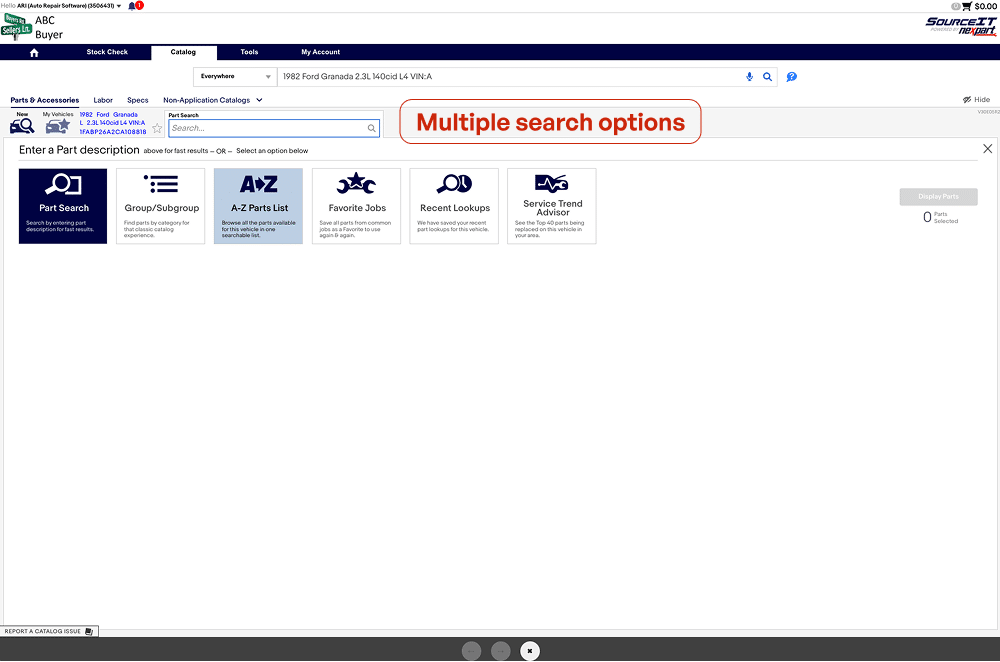 Nexpart catalog with parts in cart