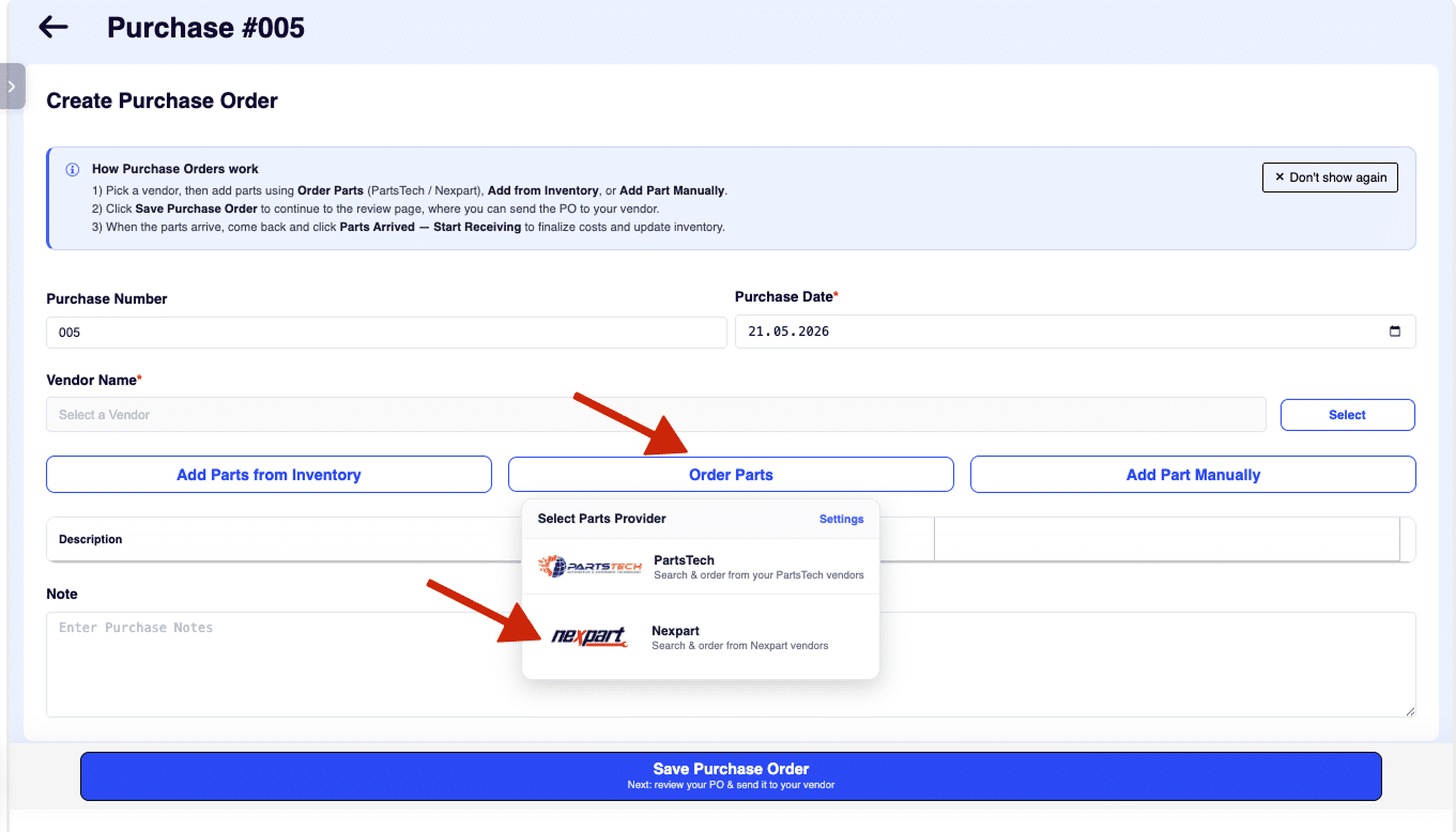 Order Parts dropdown on purchase order
