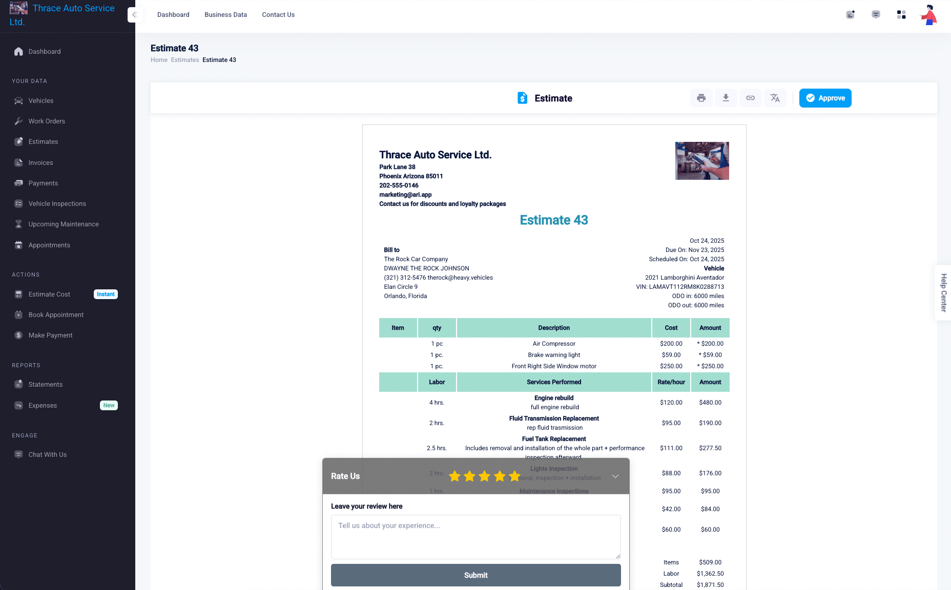 An estimate open in the Client Portal, itemised by parts and labour, with an Approve button at the top of the page