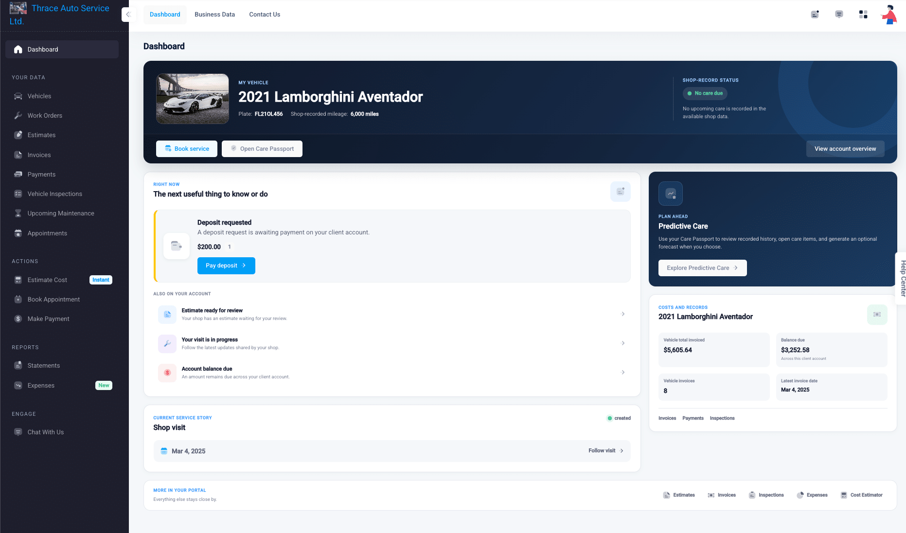 The Client Portal dashboard for a repair shop, showing the customer&rsquo;s vehicle, its shop-record status, what needs attention next, and the current service story