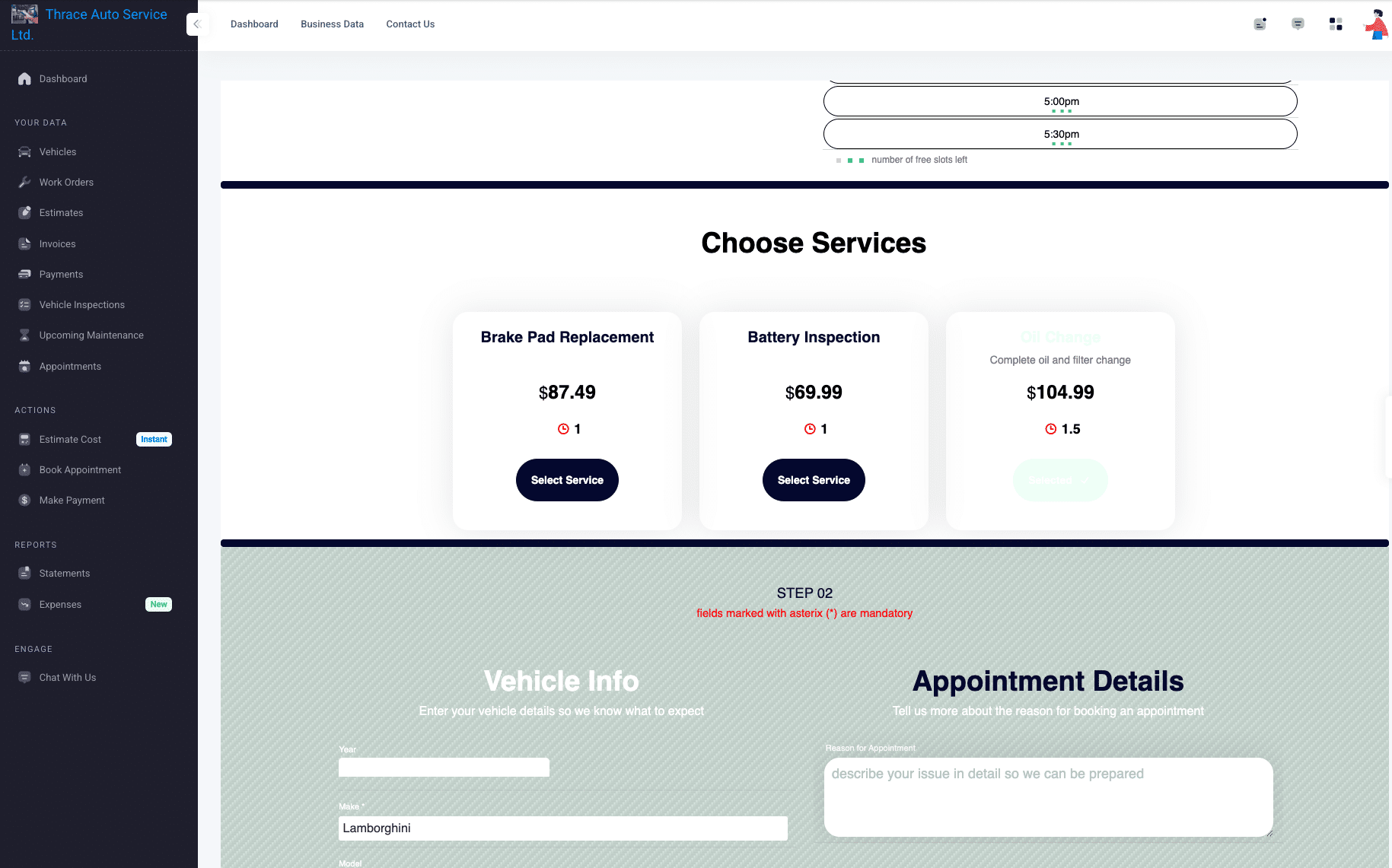 The booking flow in the Client Portal, showing available appointment times and a choice of services with prices and durations
