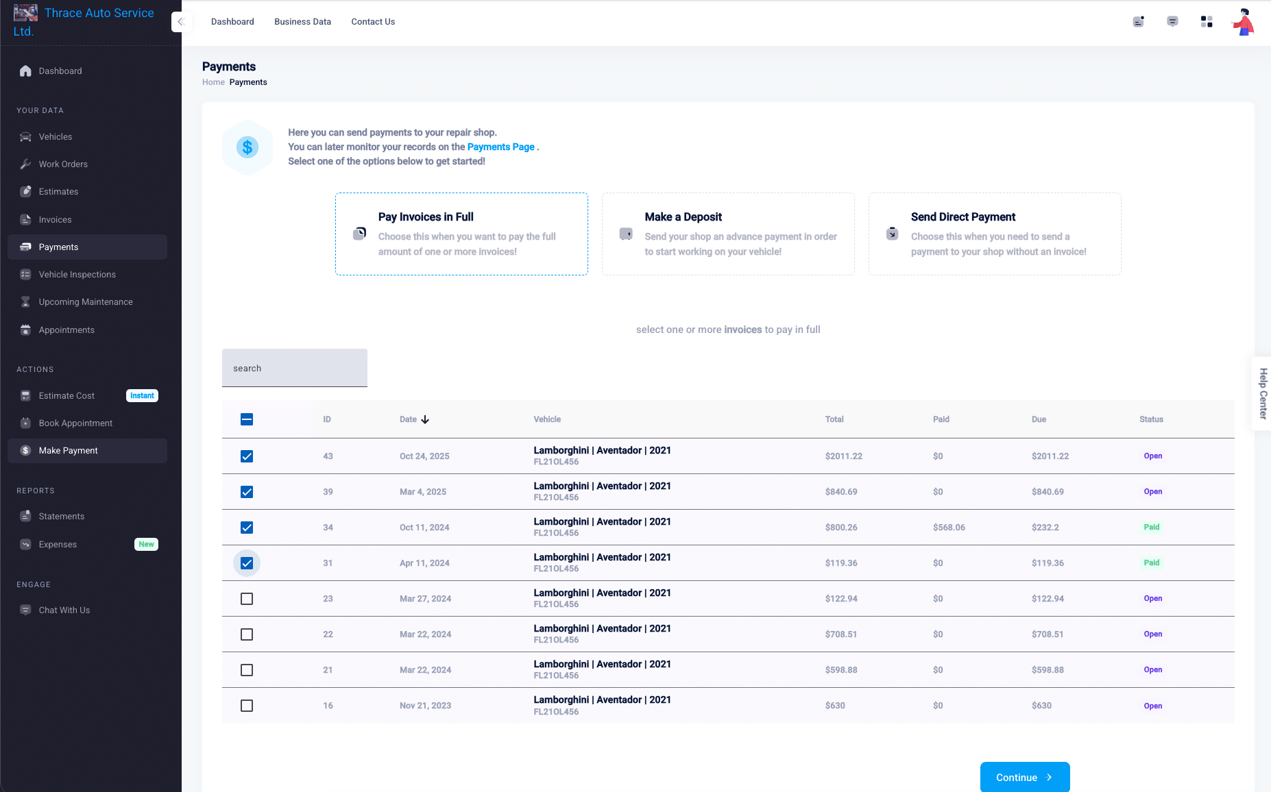 The payments page in the Client Portal, with options to pay invoices in full, make a deposit or send a direct payment, and a list of invoices to choose from