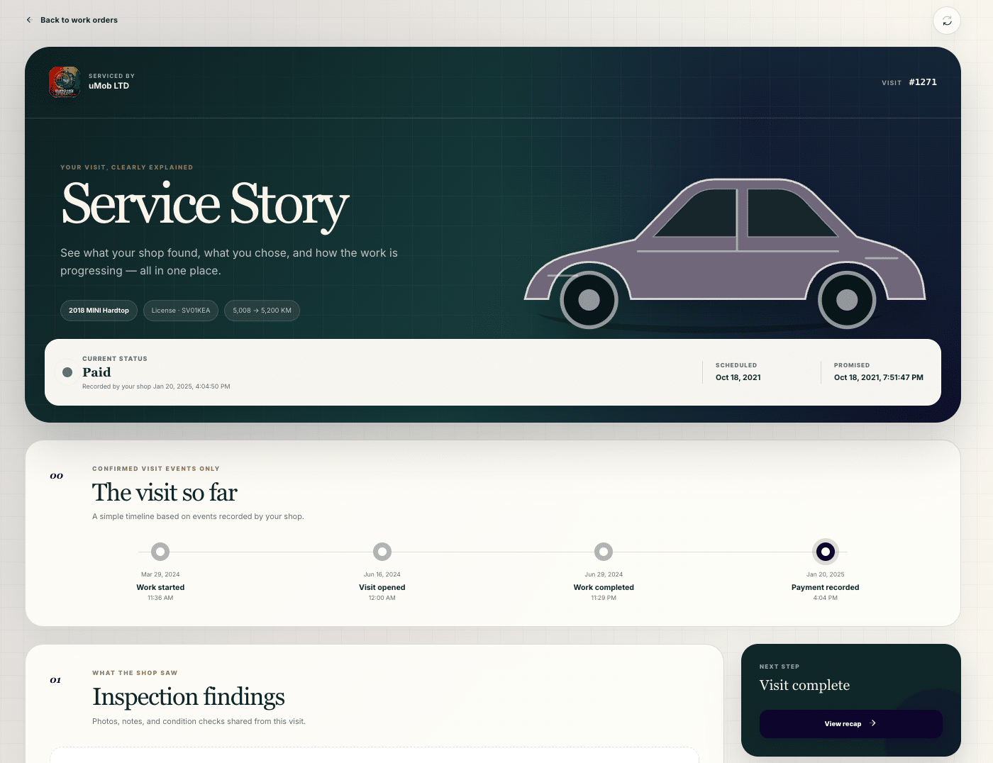 A Service Story page in the Client Portal, branded for the shop, showing the vehicle, its current status of Paid, a timeline of the visit so far and the start of the inspection findings