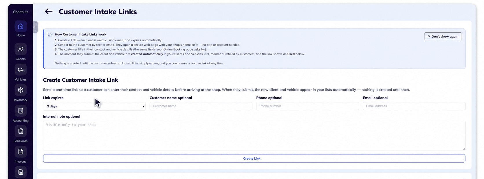 Customer Intake Links screen in ARI showing link expiration and optional customer details