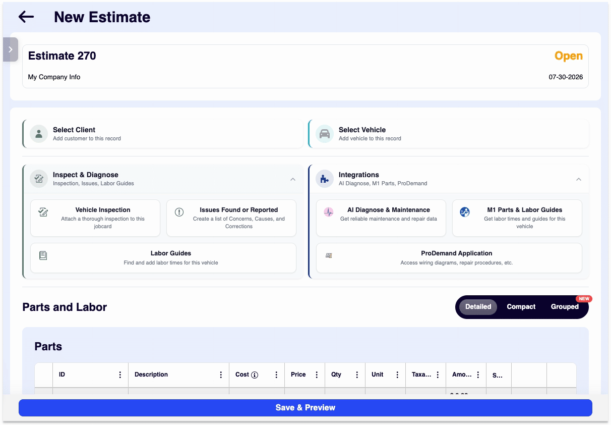 ARI estimate screen showing the Issues Found or Reported option under Inspect and Diagnose
