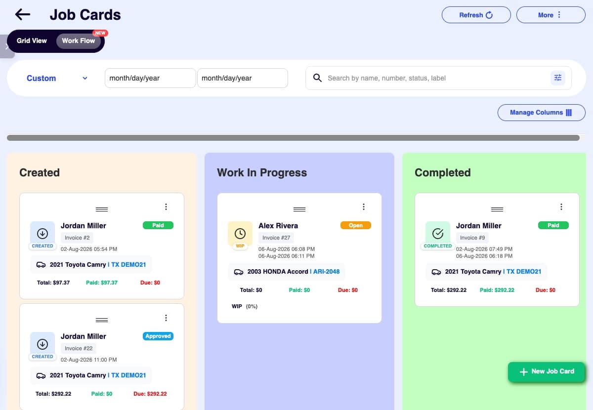 ARI JobCards workflow board with repair jobs in Created, Work In Progress, and Completed columns
