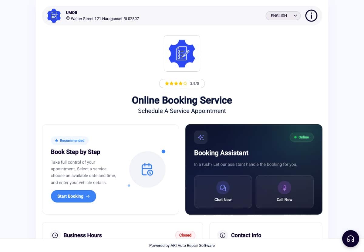 ARI online booking page showing service selection for a repair appointment