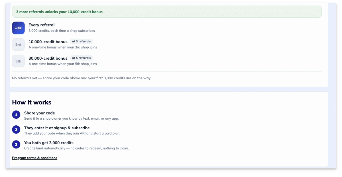 ARI Refer & Earn screen showing 3,000-credit referral rewards, milestone bonuses, and signup steps